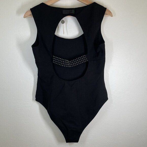 Diesel Black Tank Bodysuit Size Large Cut Out Back Logo Studded Snap Close Moto - Picture 1 of 9
